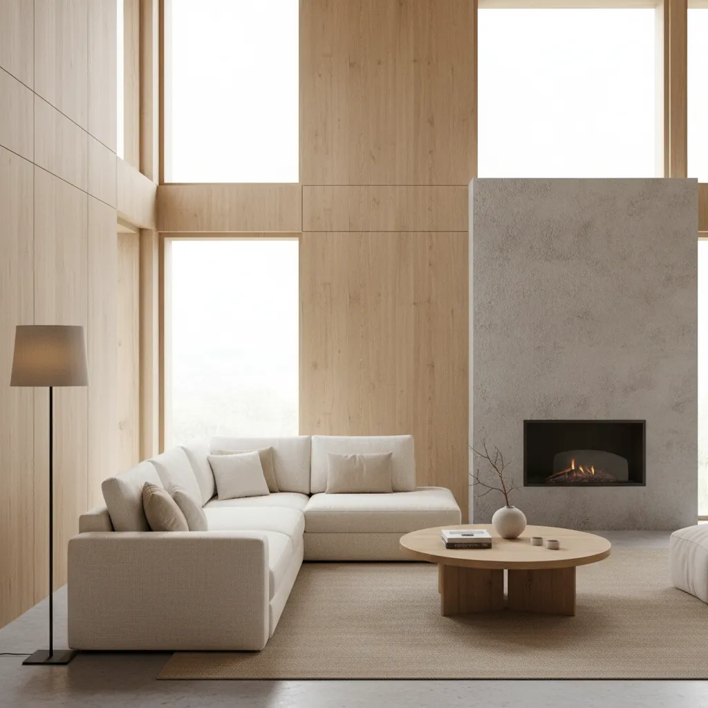 Interior con madera clara, piedra natural y textiles neutros