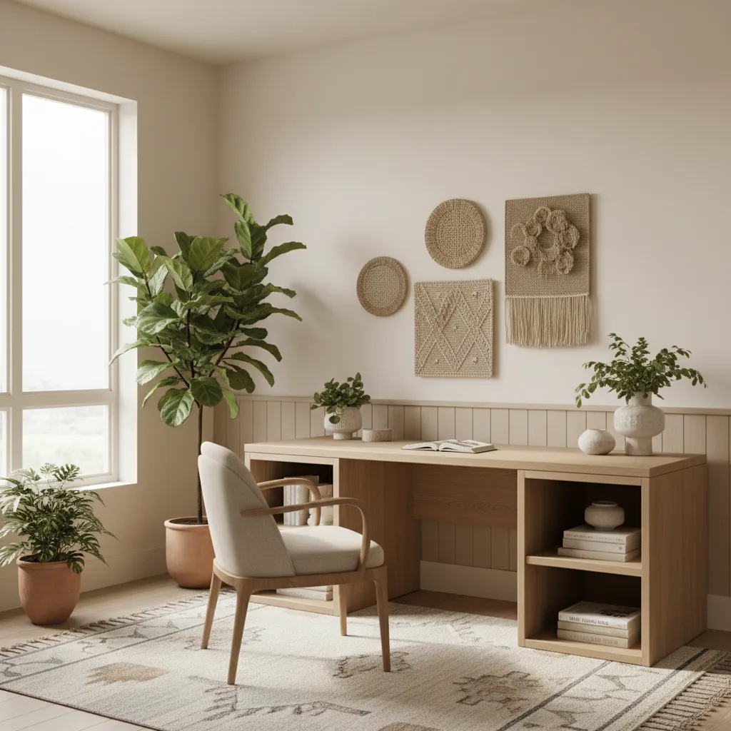 Home office with wood furniture rug plants and warm textures
