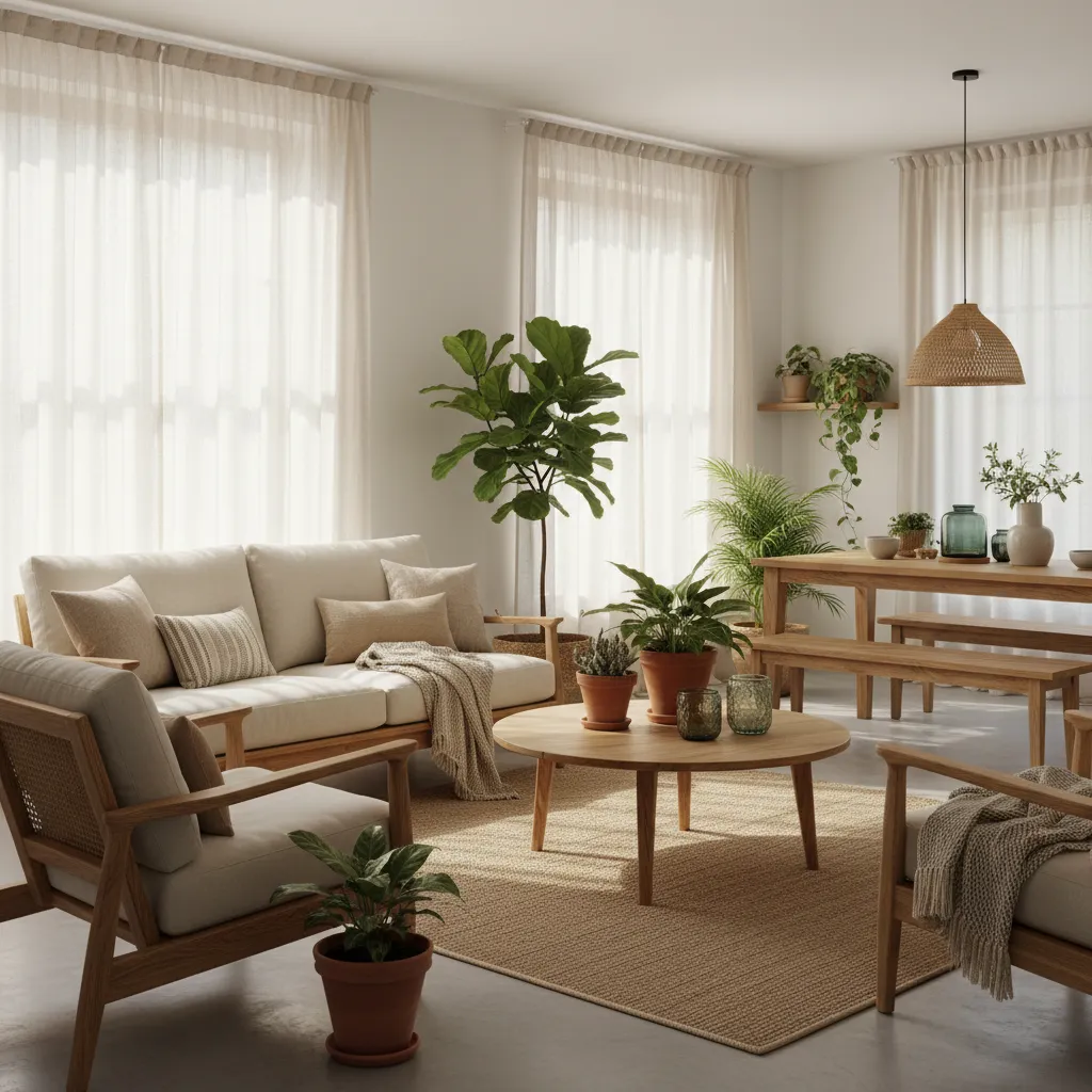 Interior con madera natural, textiles orgánicos y plantas en un diseño sostenible