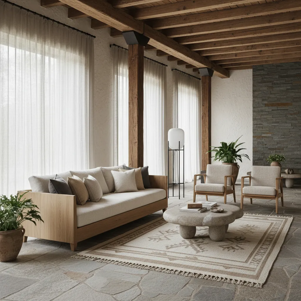 Interior con piedra natural, madera y textiles orgánicos