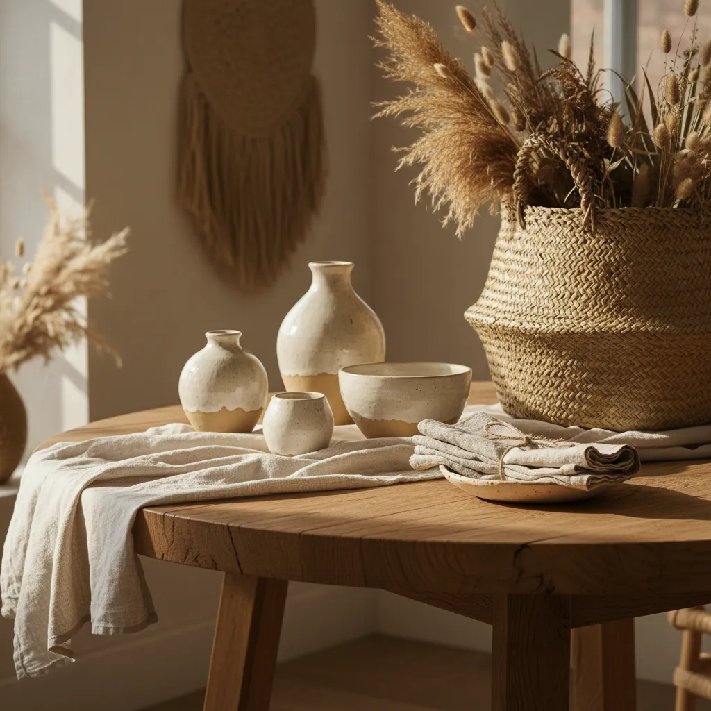 Detalle de mesa de madera con cerámica y decoración de fibras naturales