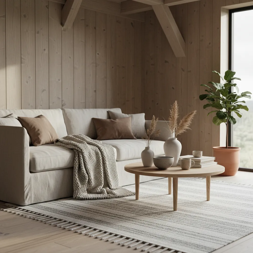 Living room with wood wall panels beige sofa round coffee table striped rug and plant