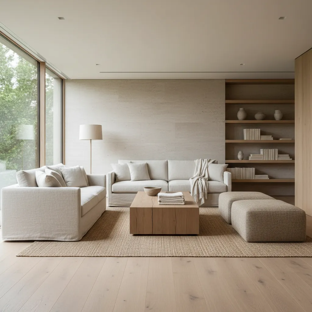 Minimalist living room featuring cream sofas, wooden coffee table, two footrests, large rug, and shelves