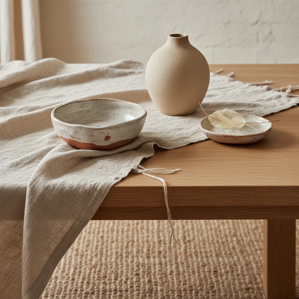 Detalle de materiales naturales en interior moderno con madera, lino y cerámica