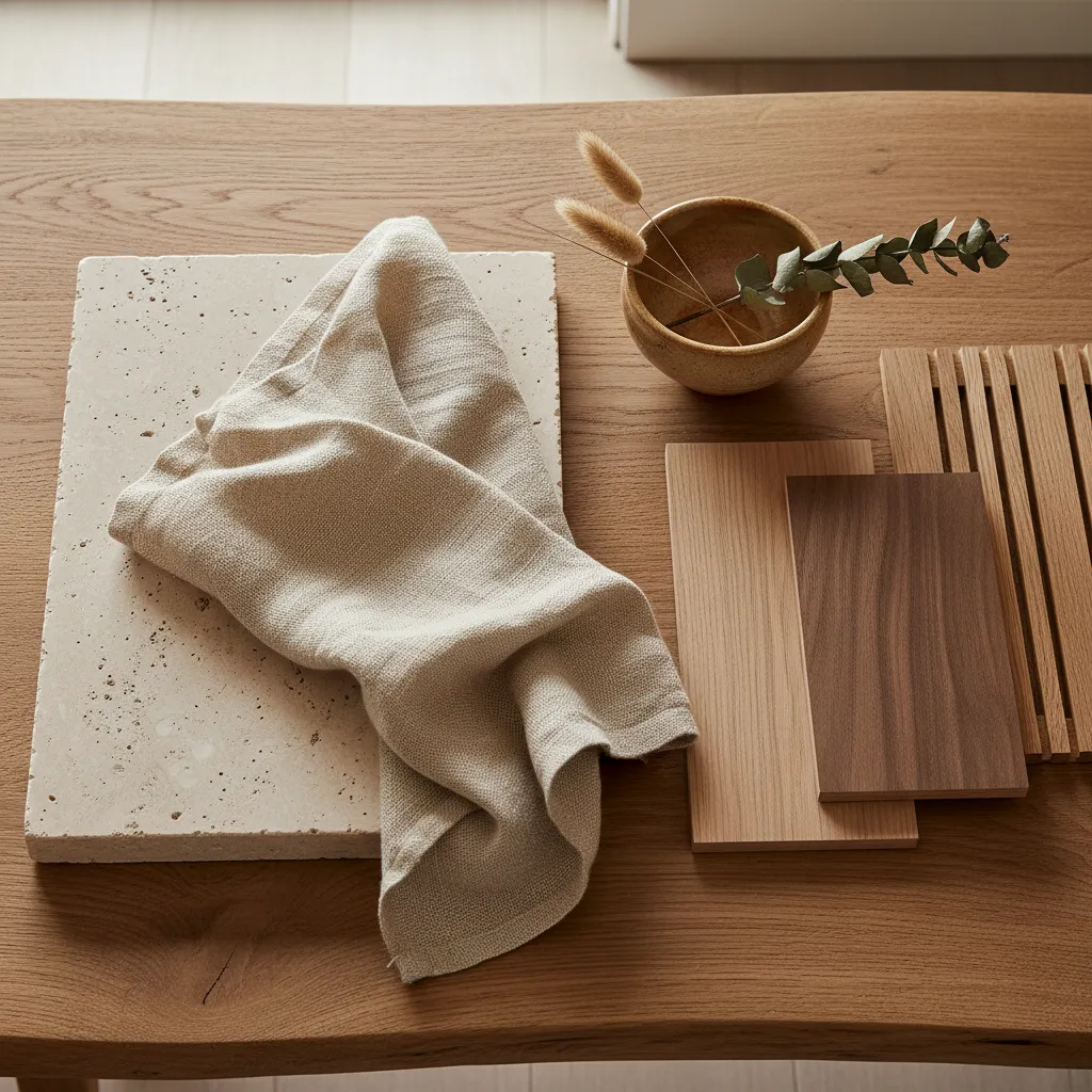 Natural design materials including stone, cloth, wood samples, and a small bowl on wooden table
