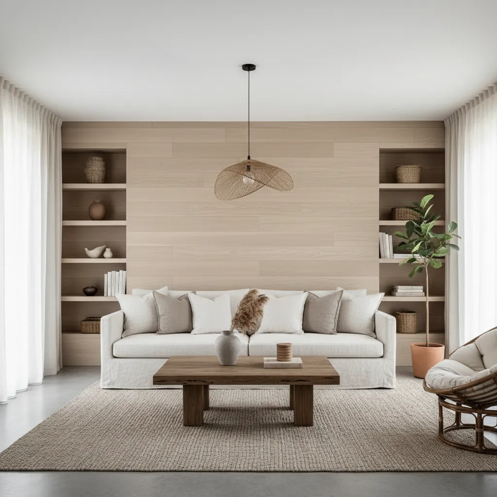 Interior con madera, textiles naturales y tonos neutros