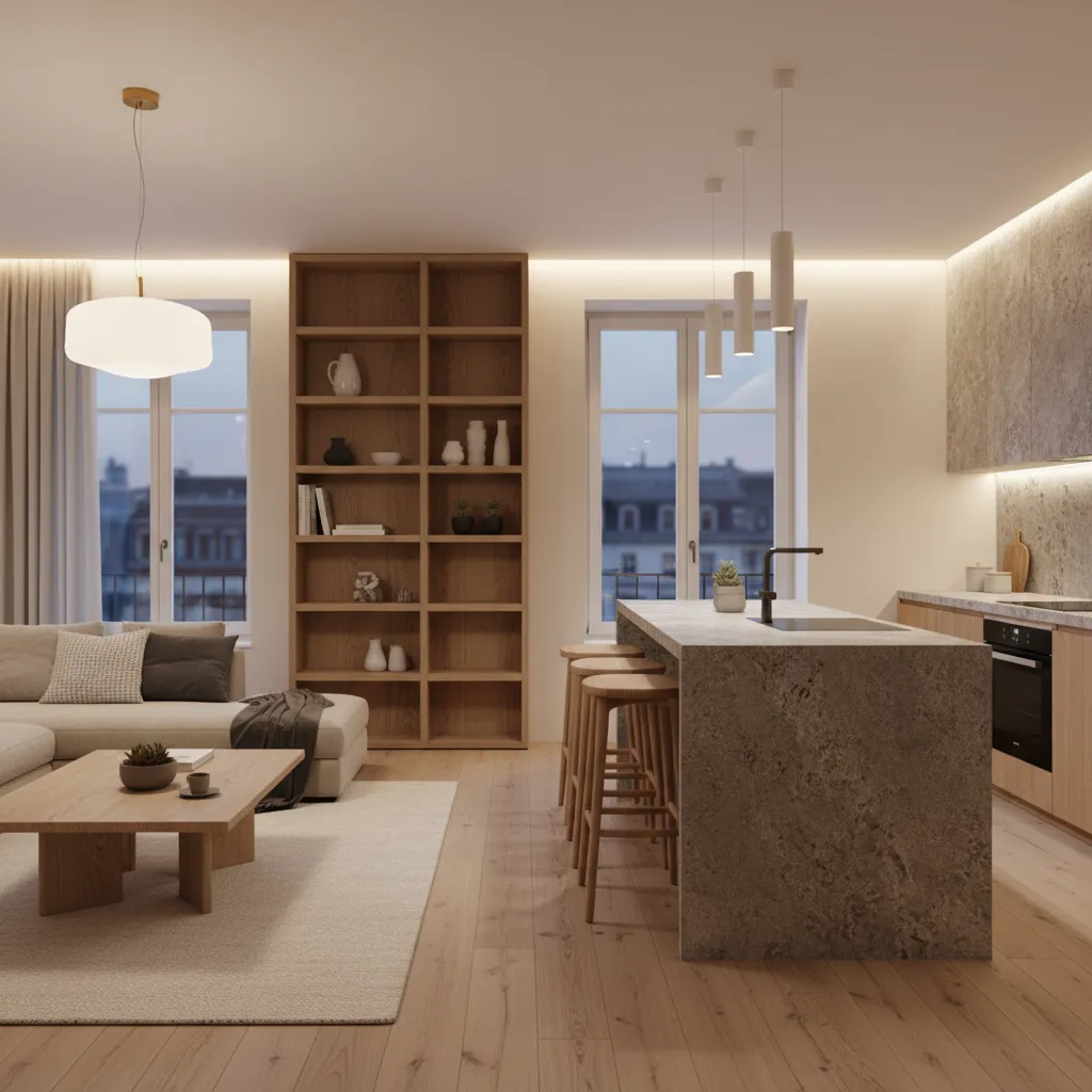 Interior moderno con madera natural, piedra y textiles neutros