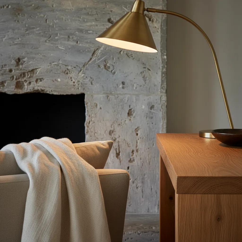 Gold light fixture on wooden table next to stone fireplace and chair with soft blanket