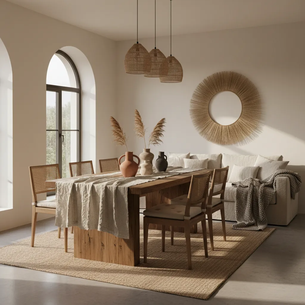 Interior con madera clara, lino y cerámica artesanal