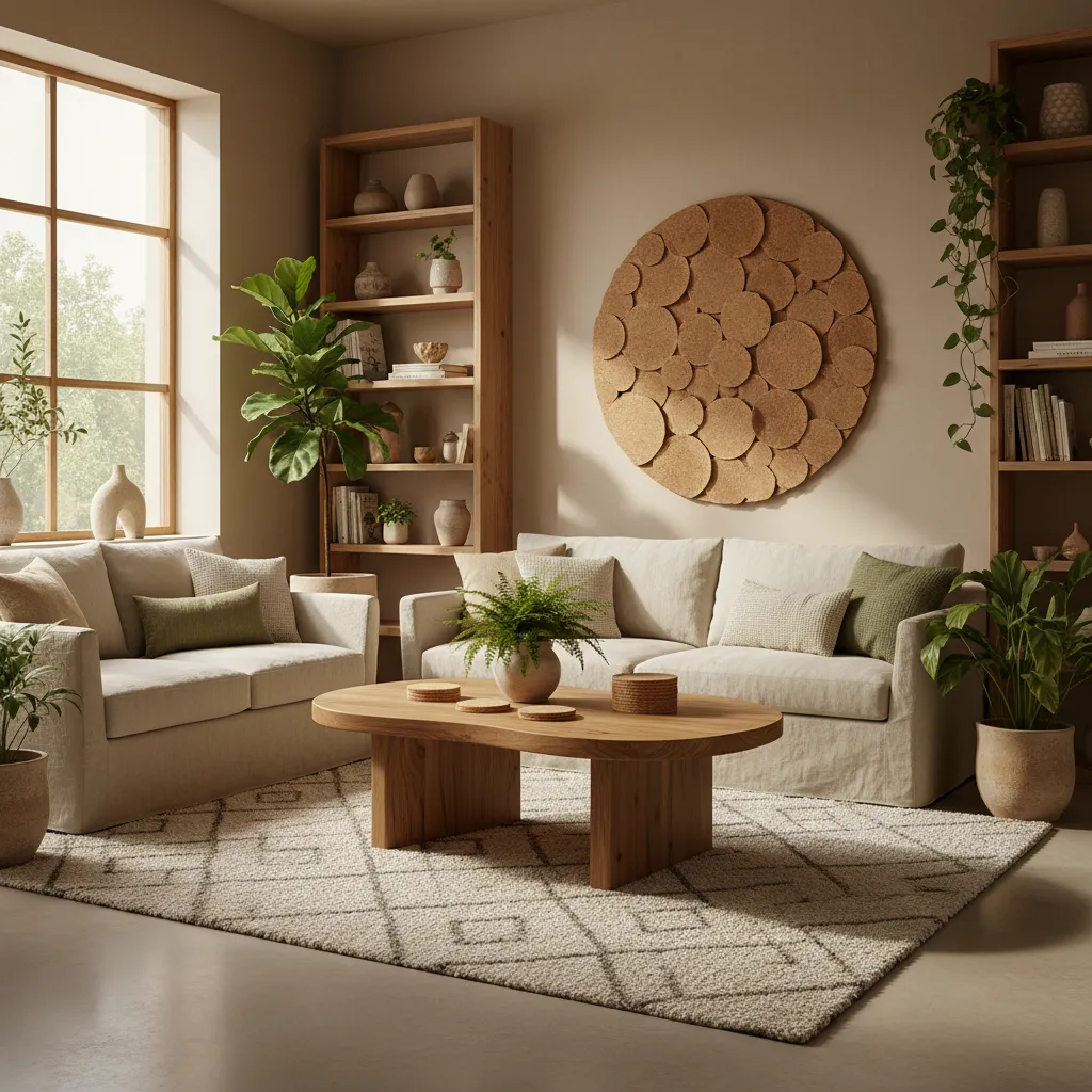 Sala de estar con madera natural, lino y materiales ecológicos