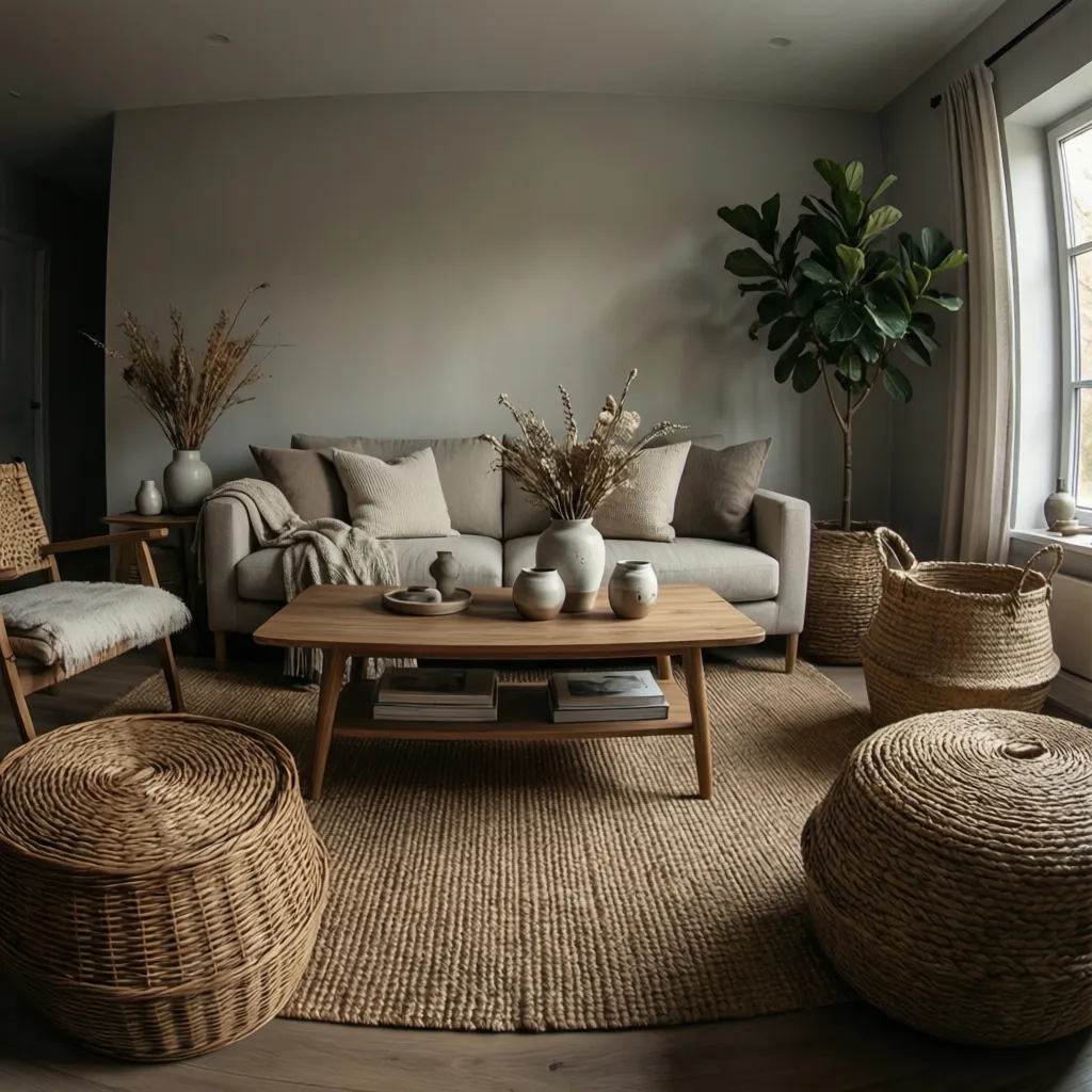 Living room with jute rug wooden furniture and woven baskets creating layered texture