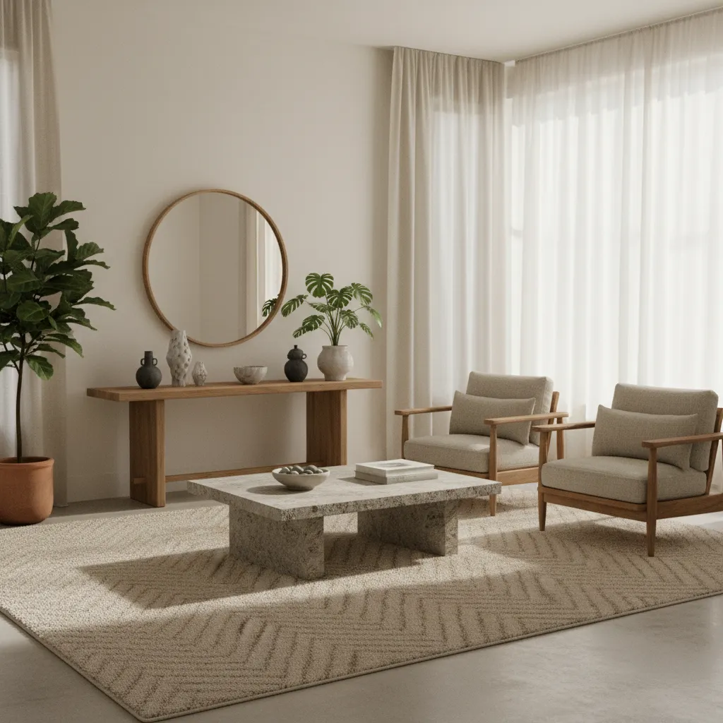 Living room interior using natural materials including wood linen wool and stone
