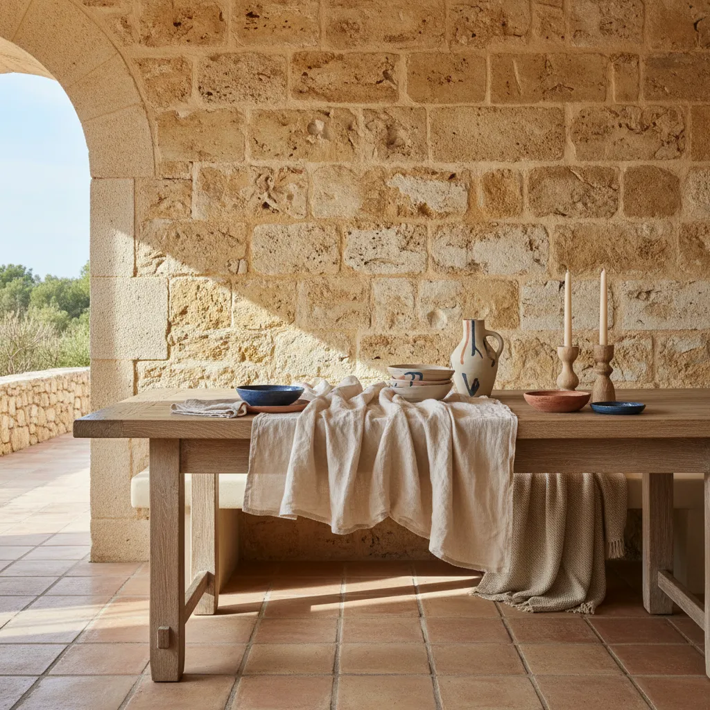 Materiales naturales en una vivienda mediterránea con madera y piedra