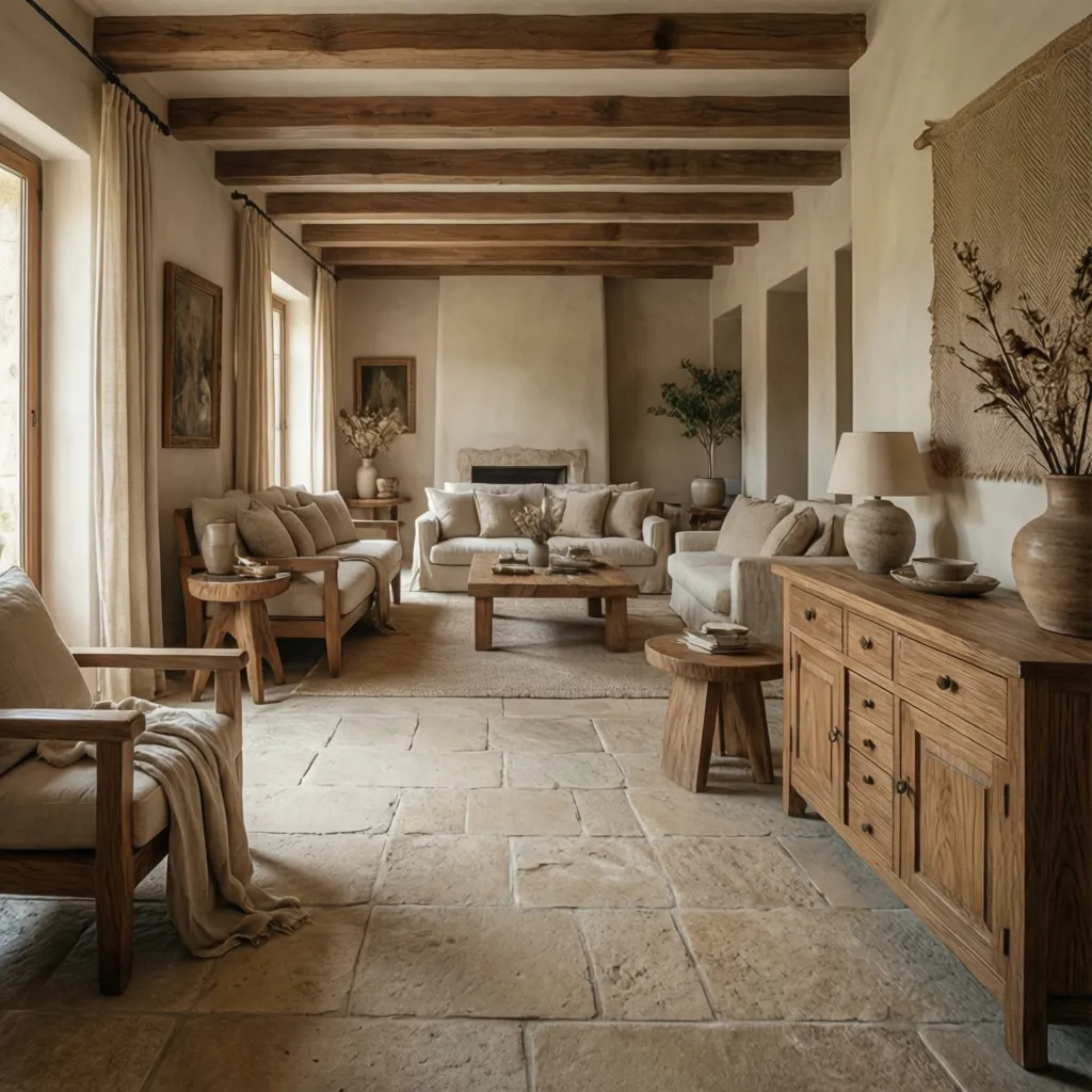 Mediterranean living room with rustic wood ceiling beams stone tile floor beige sofas and cabinet
