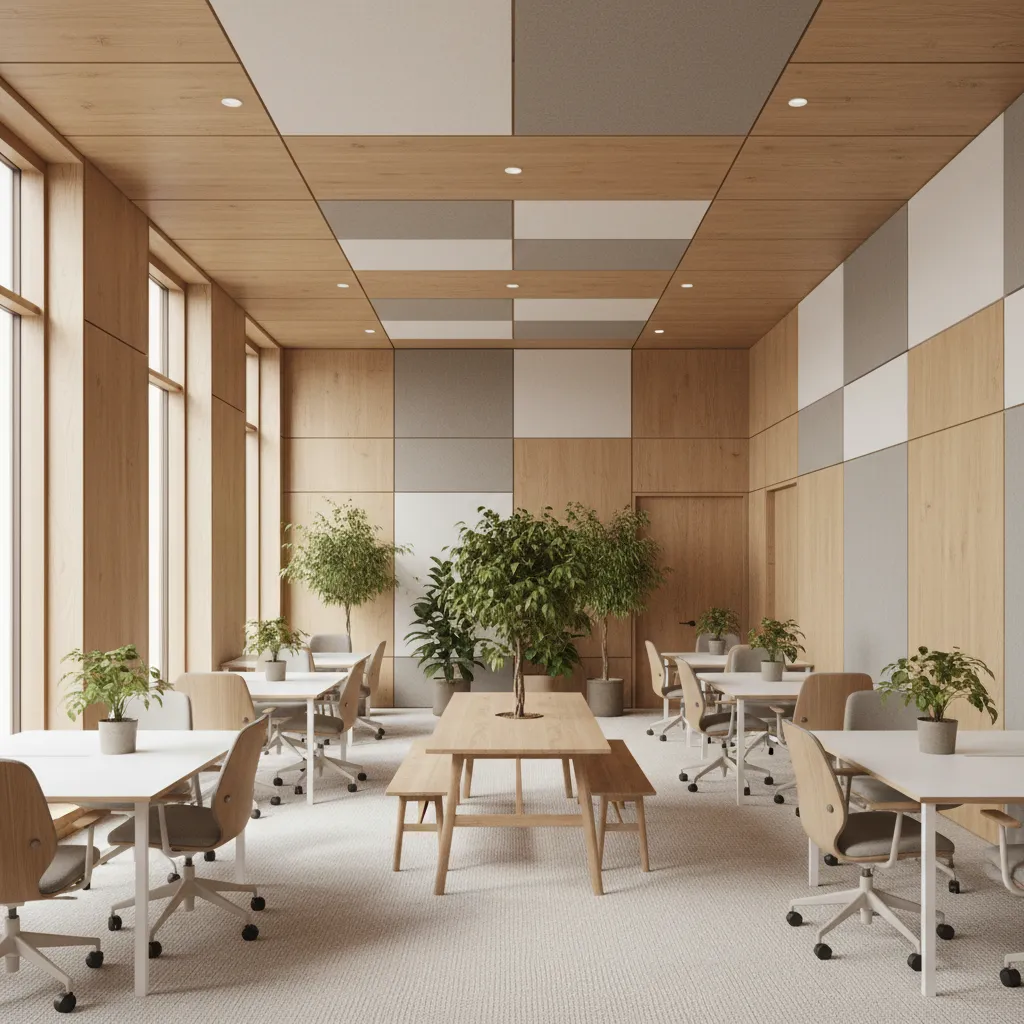 Oficina moderna con madera natural, paneles acústicos y decoración minimalista