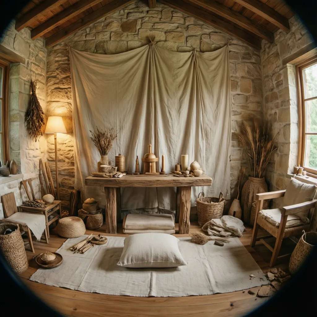 Oratorio con materiales naturales como madera, lino y piedra clara