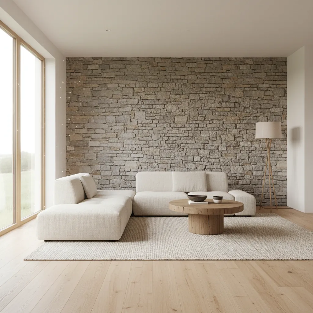 Interior rural moderno con piedra, madera y paredes blancas