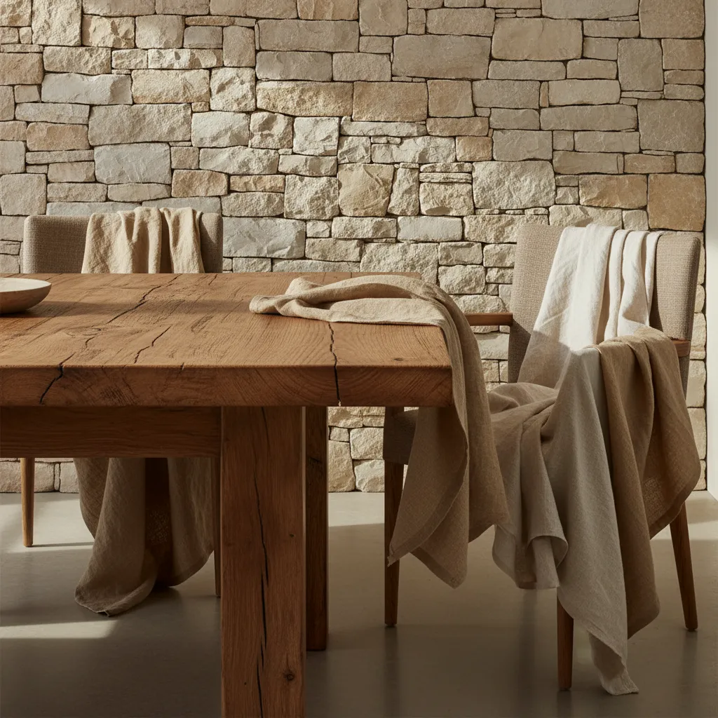 Detalle de materiales naturales en interior rústico moderno