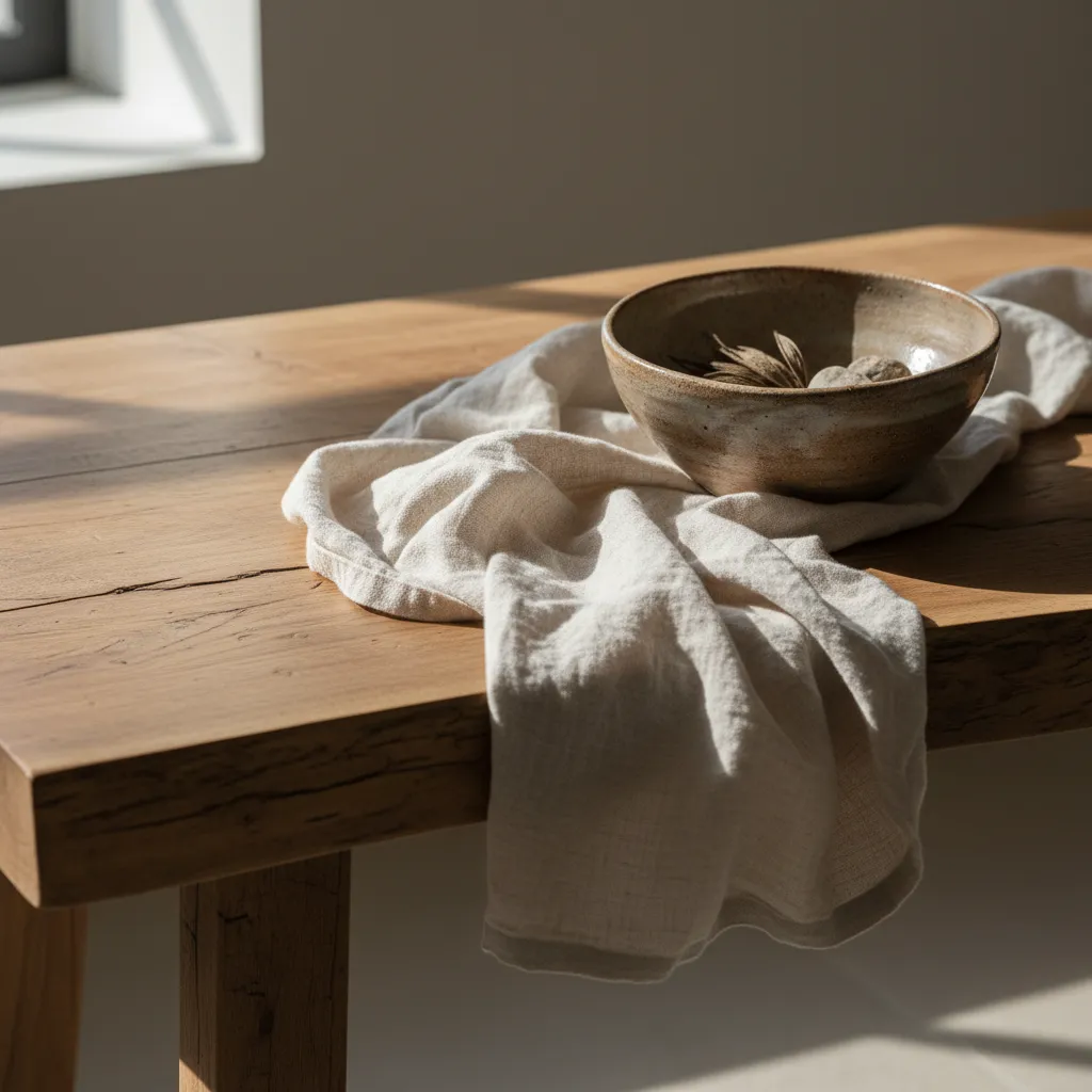 Detalle de materiales naturales como madera, lino y cerámica en decoración wabi sabi