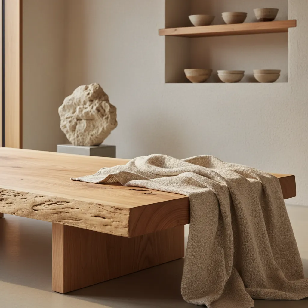 Detalle de materiales naturales en interior zen con madera, lino y piedra