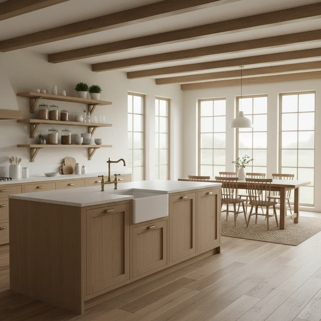 Bright farmhouse kitchen with natural oak cabinets and large island