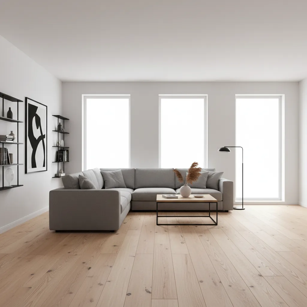 Modern living room with light natural oak flooring and neutral decor