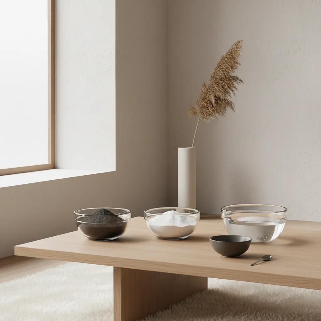 Bowls of baking soda charcoal and vinegar placed in a room to absorb paint odor