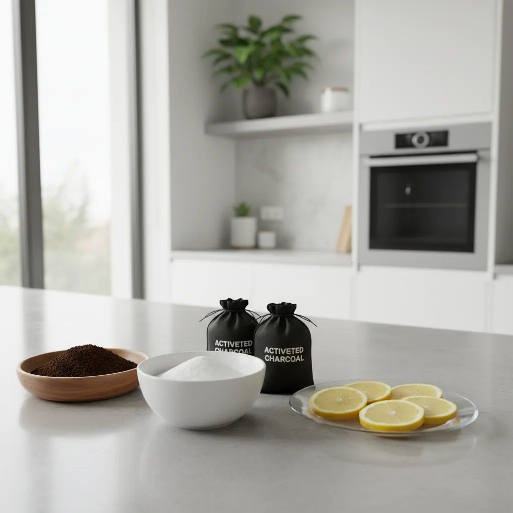Baking soda lemon and charcoal used to absorb kitchen odors