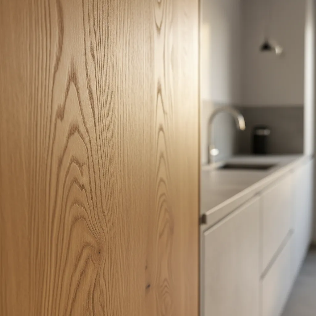 Close-up of natural oil finish on wood kitchen cabinet surface