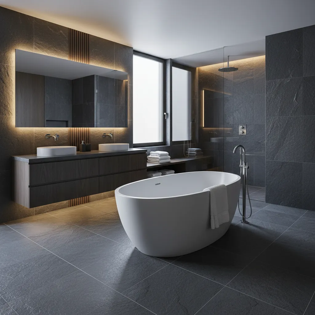 Bathroom floor made from natural slate tiles with textured stone surface