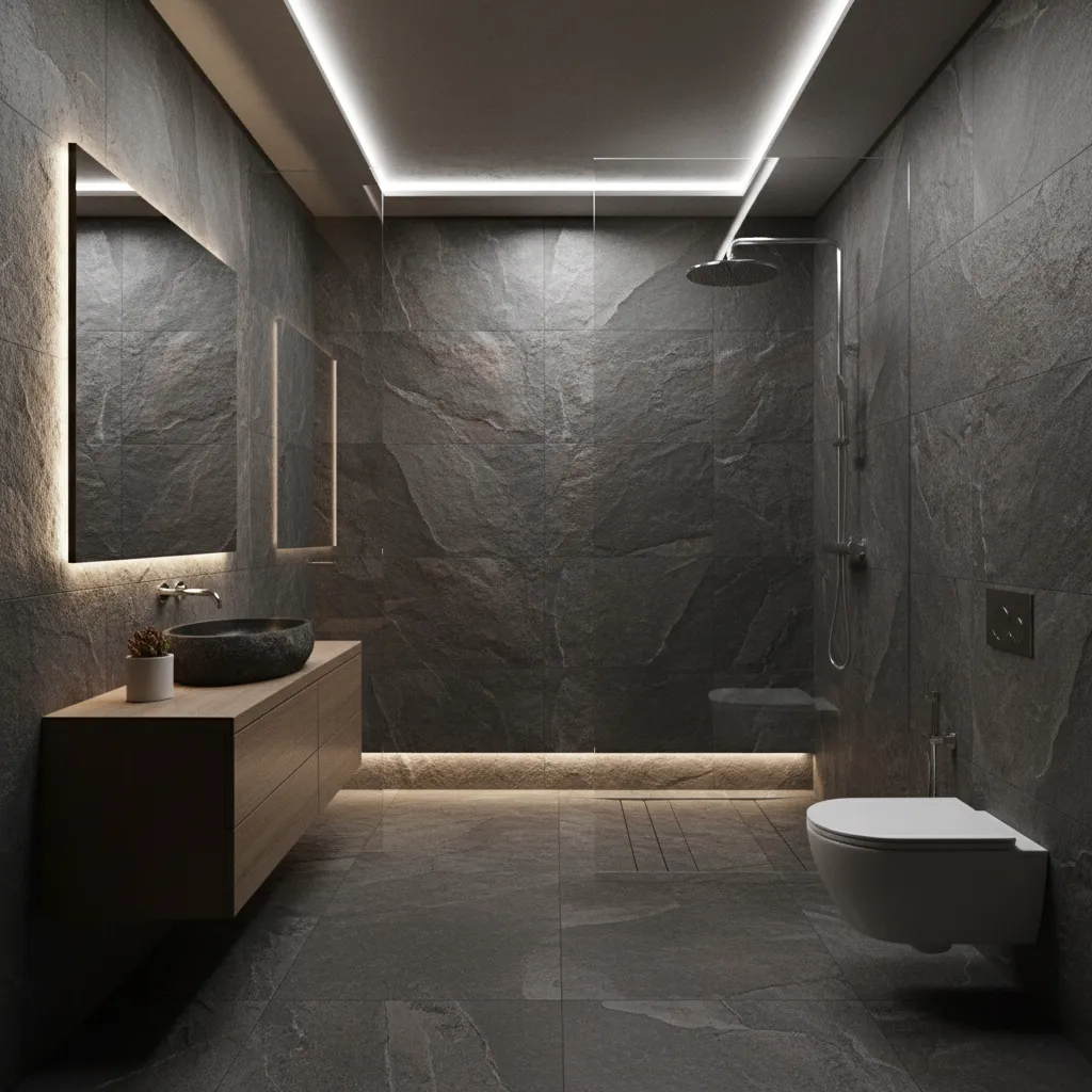 bathroom with natural slate rough textured tiles