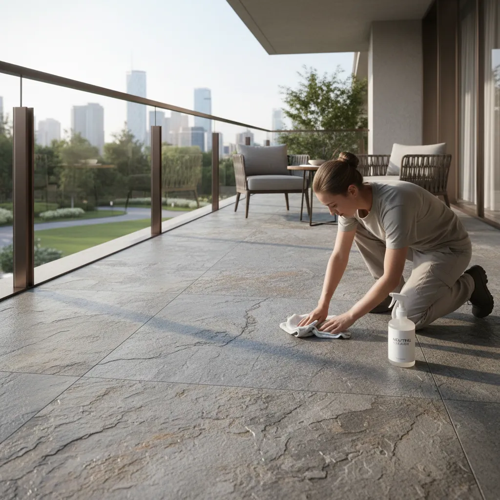 cleaning a natural stone balcony floor with neutral cleaner and cloth