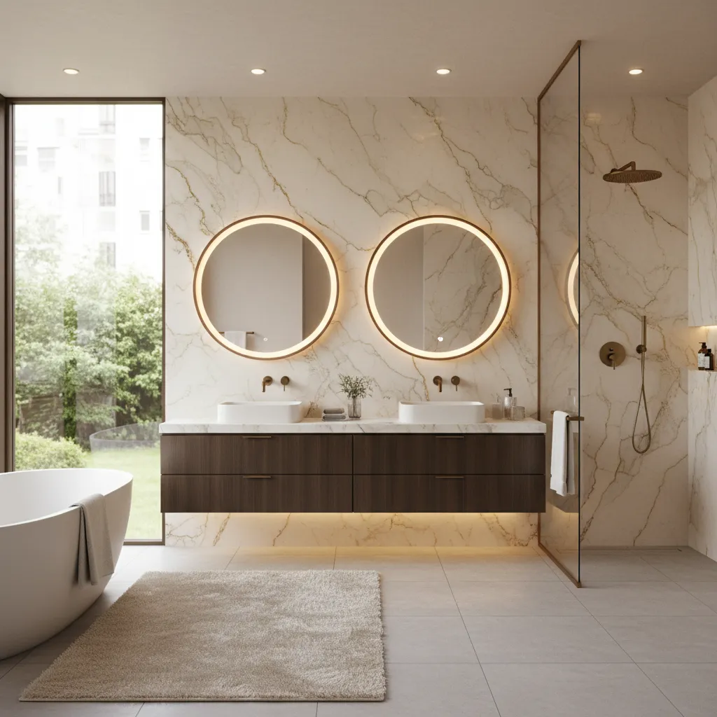 Luxury bathroom with natural stone tile feature wall