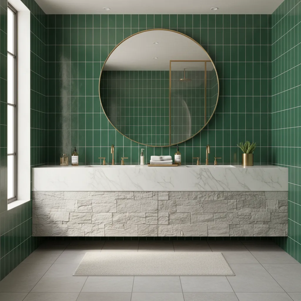 Blue and green bathroom using marble and natural stone surfaces