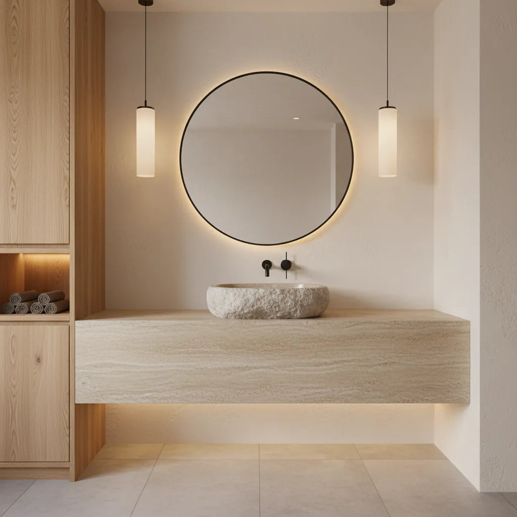 Natural stone bowl basin placed near dining area with modern styling