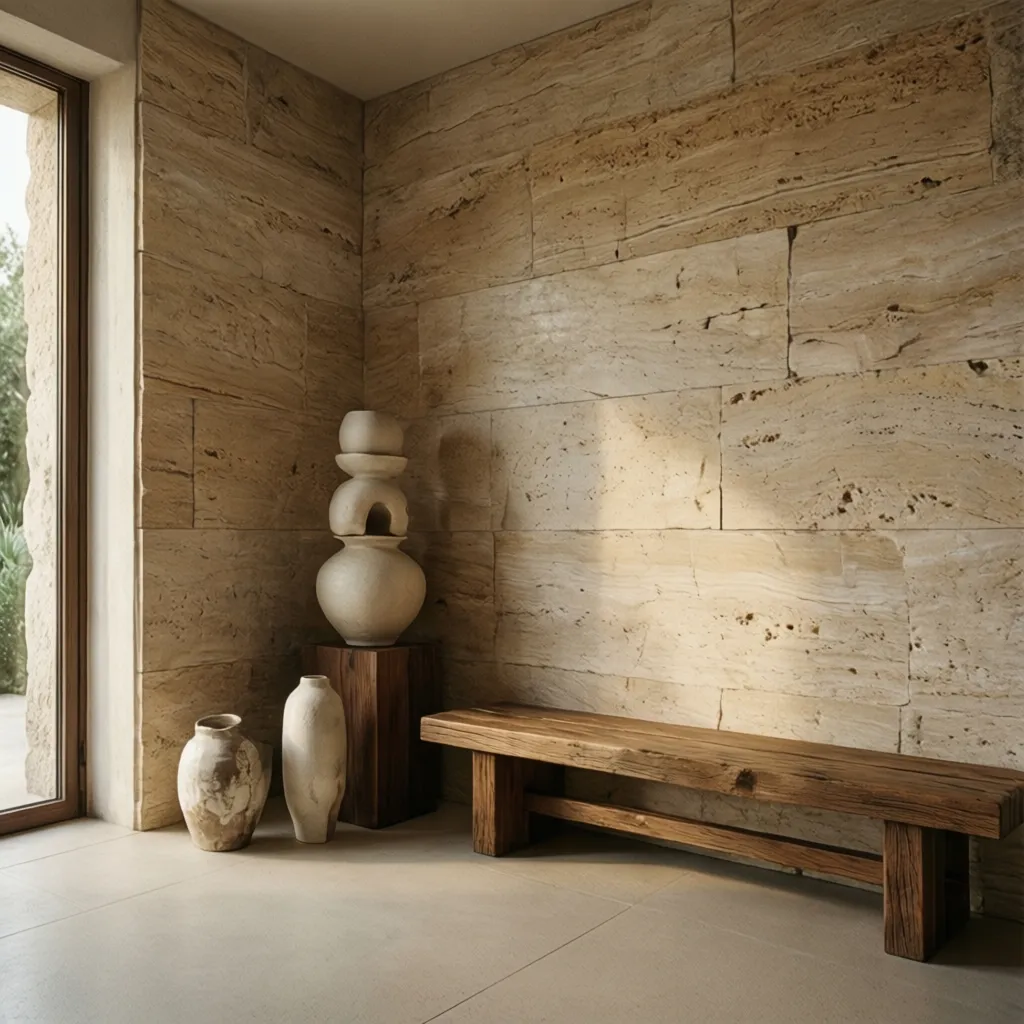 Interior wall with natural travertine stone and minimalist decor