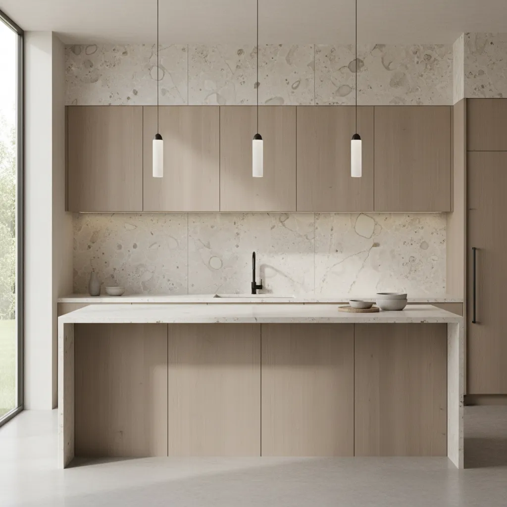 modern kitchen with textured natural stone backsplash and neutral cabinets