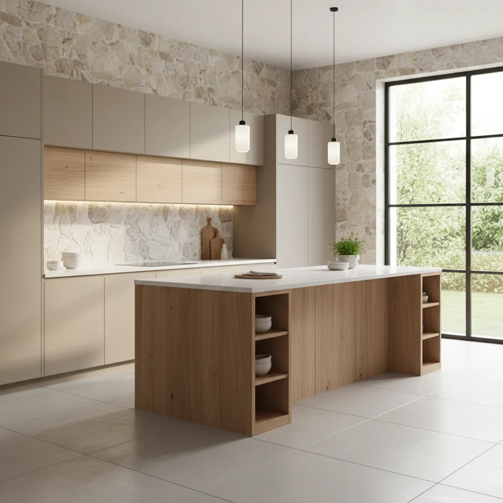 Kitchen interior featuring natural stone backsplash wall with warm lighting
