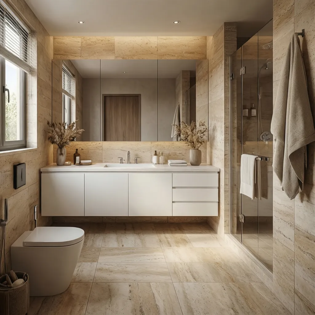 Warm stone look tiles combined with white vanity in modern bathroom