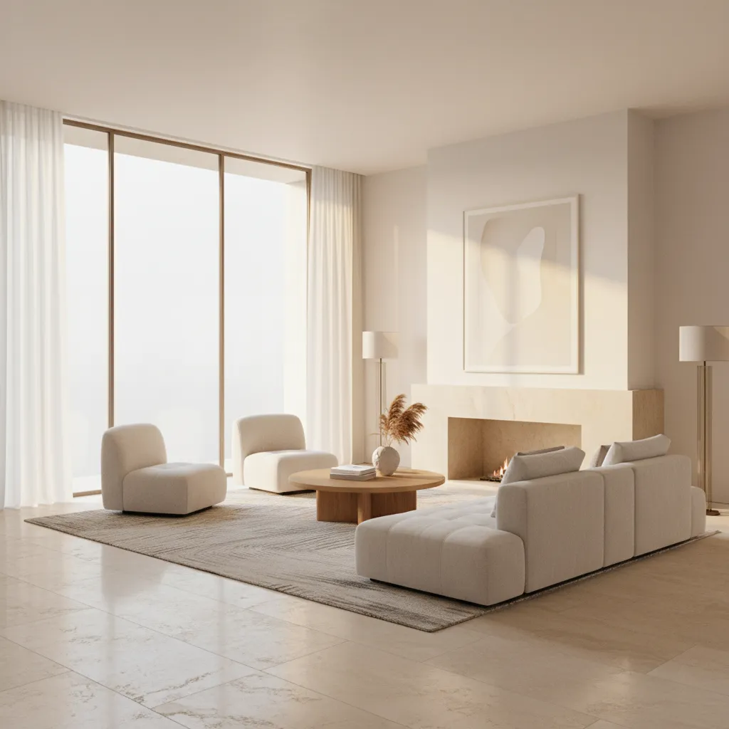 Living room featuring natural stone tile flooring with visible texture and variation