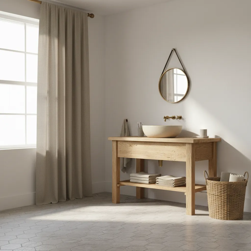 Rustic bathroom with natural fabrics wood vanity and neutral textures