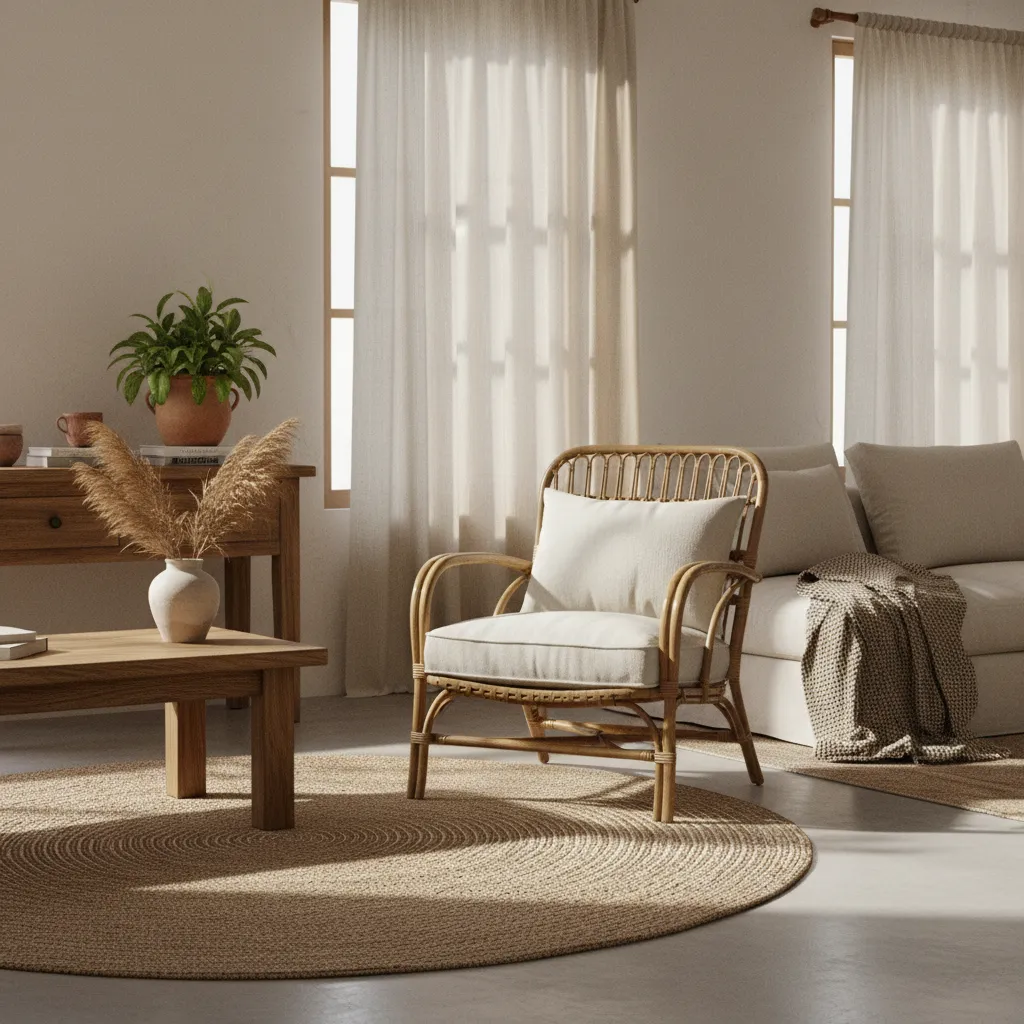 Interior con muebles de madera y fibras naturales