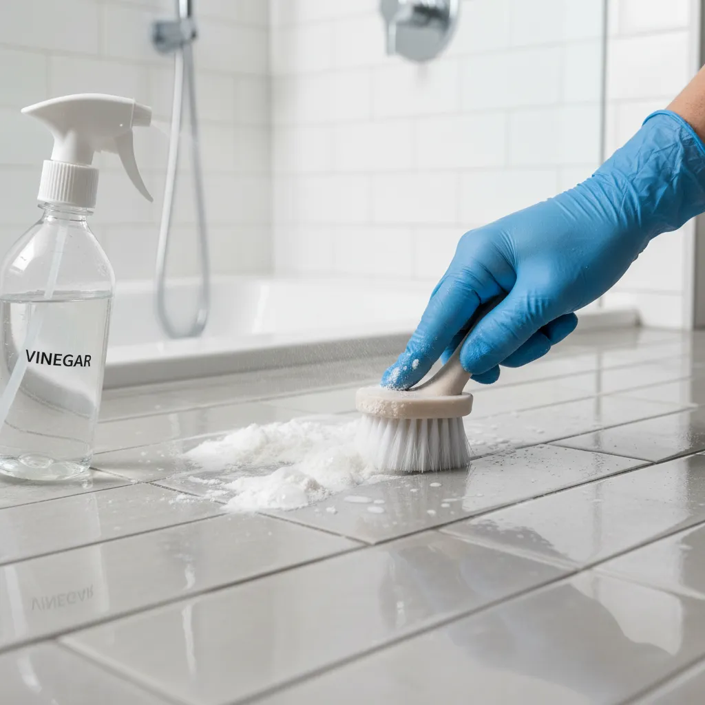 Natural cleaning solution with vinegar and baking soda applied to bathroom tile grout