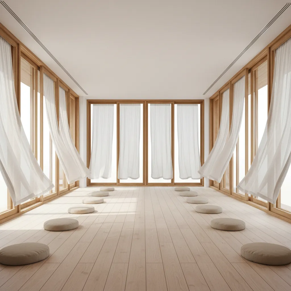 meditation hall with cross ventilation windows and calm natural airflow design