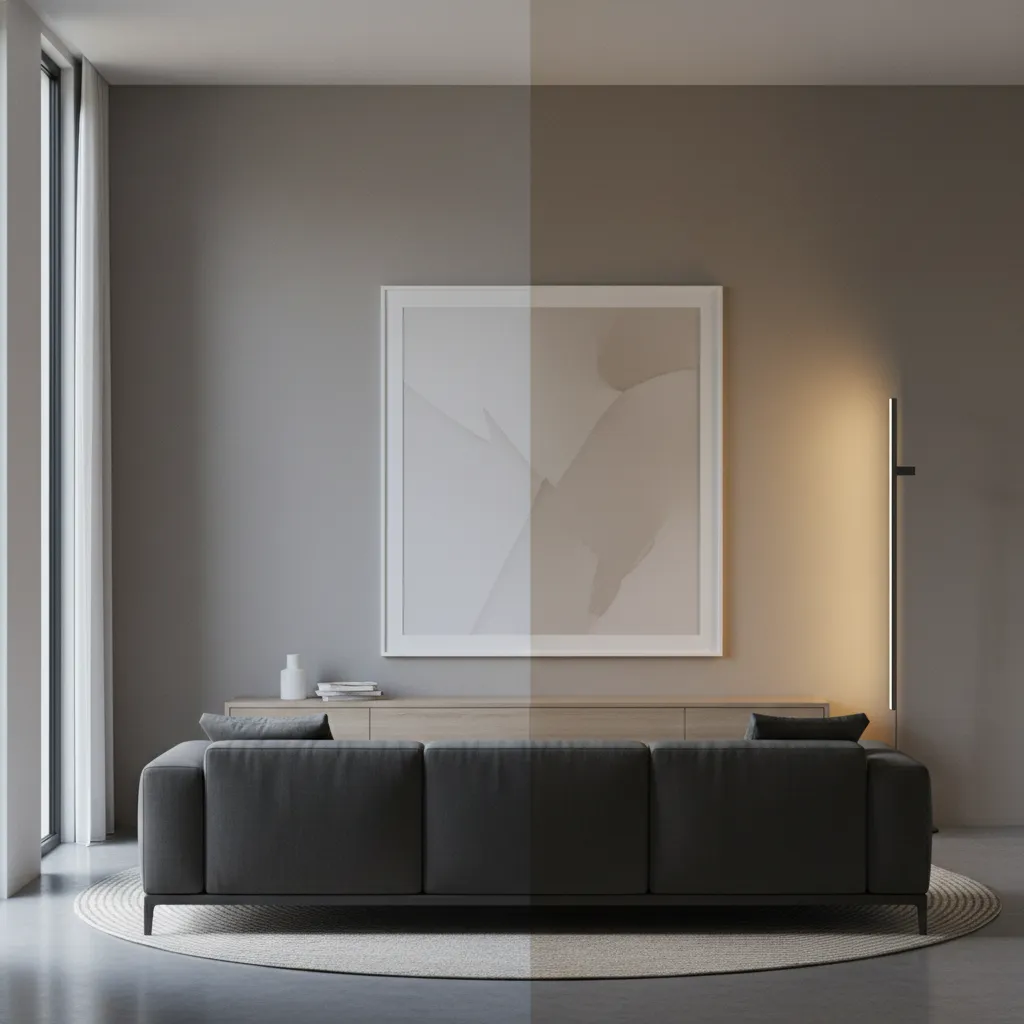 Split lighting interior showing difference between daylight and warm artificial light on painted wall