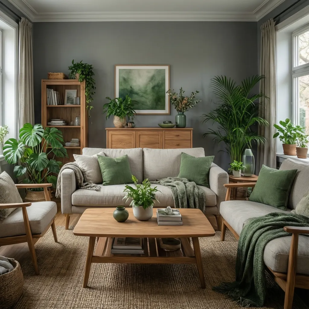 Natural wood furniture paired with gray and green interior palette