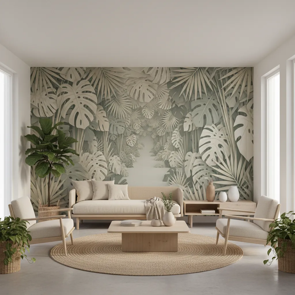 nature inspired 3D mural wallpaper in modern living room