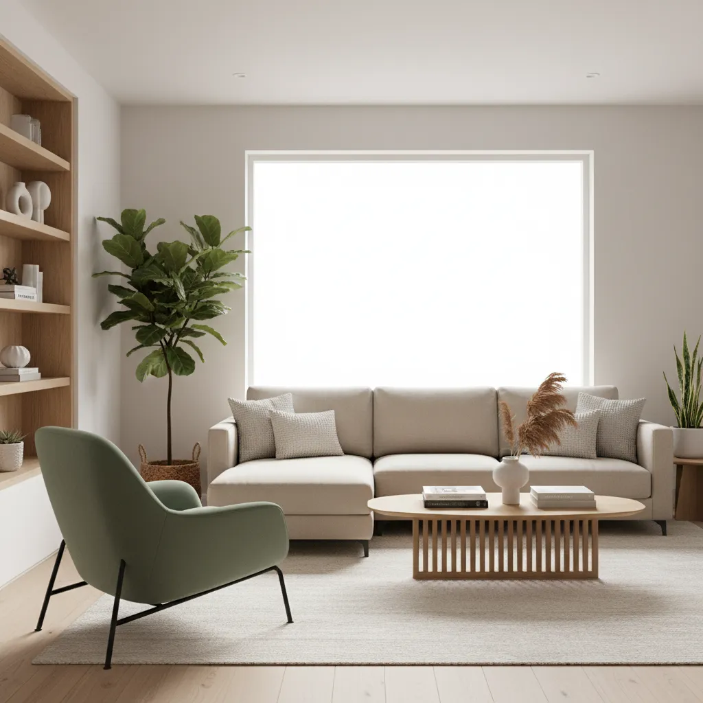 Modern living room using sage green beige and wood natural color palette