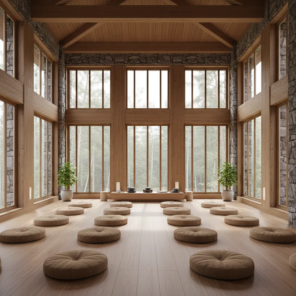 meditation hall with forest views and natural materials