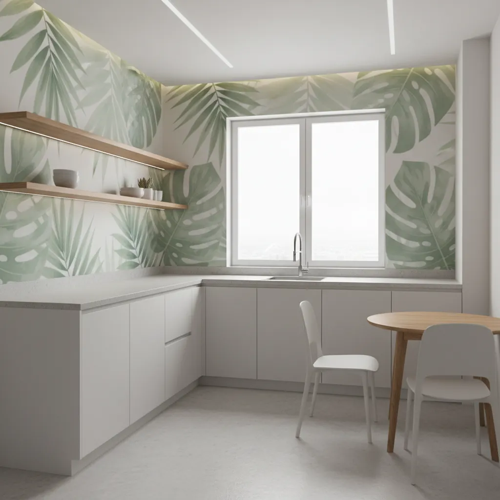 Small kitchen with large botanical nature wall mural